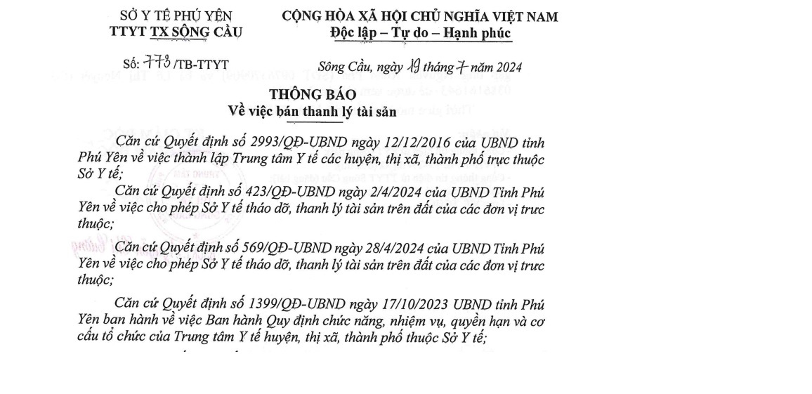 Thông báo thanh lý tài sản
